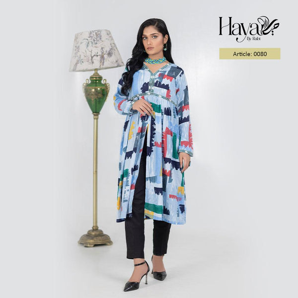 Blue Abstract Print Embroidered Kurti